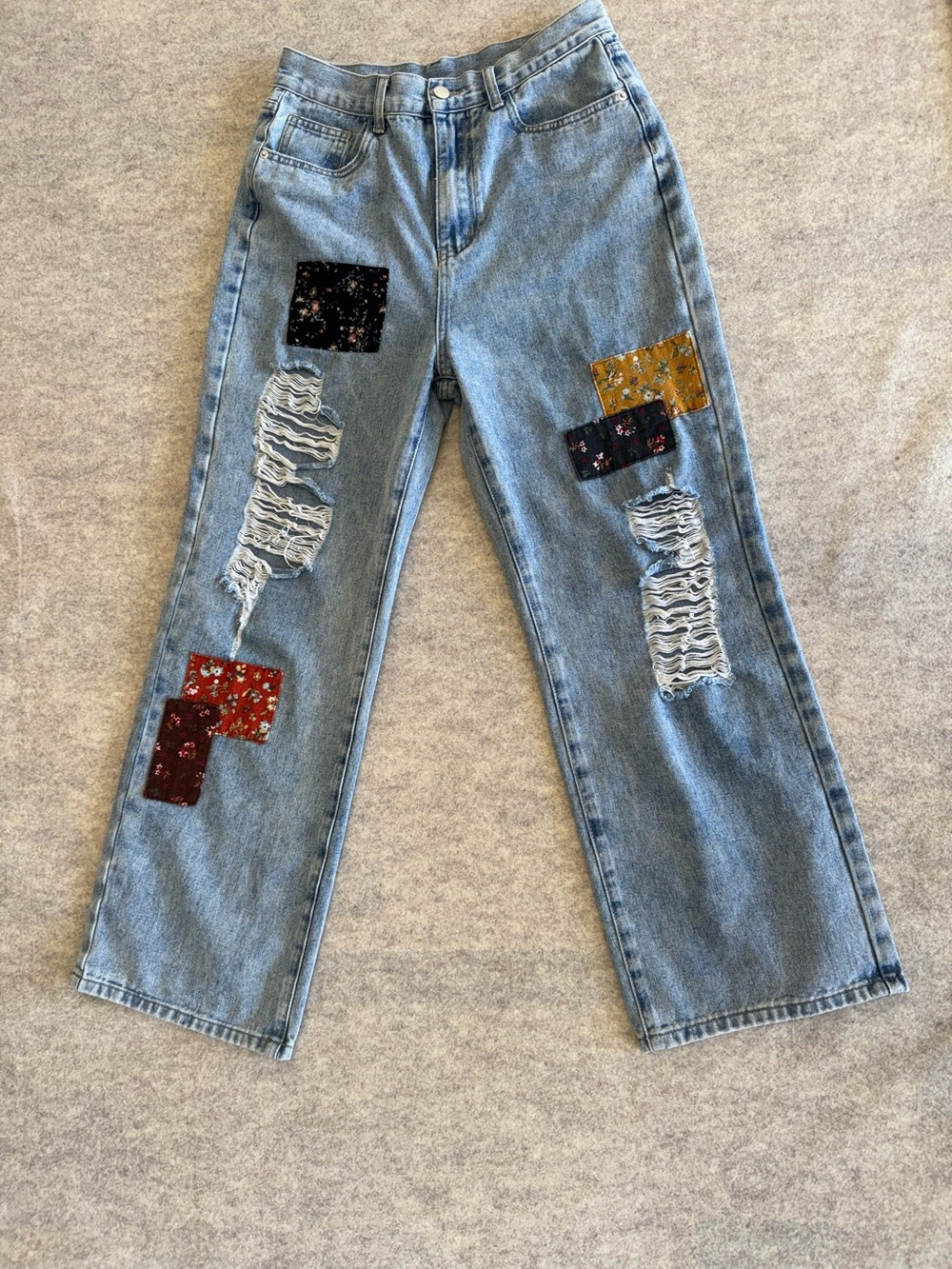 Cider Patchwork Distressed Jeans Floral Ripped Wide Leg Boho Y2K L